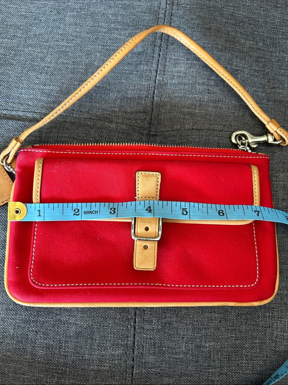 Coach Red Canvas Wristlet with Tan Leather Trim and Buckle - Picture 7 of 8